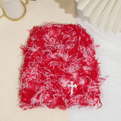 Long Plush Knitted Beanie with Cross