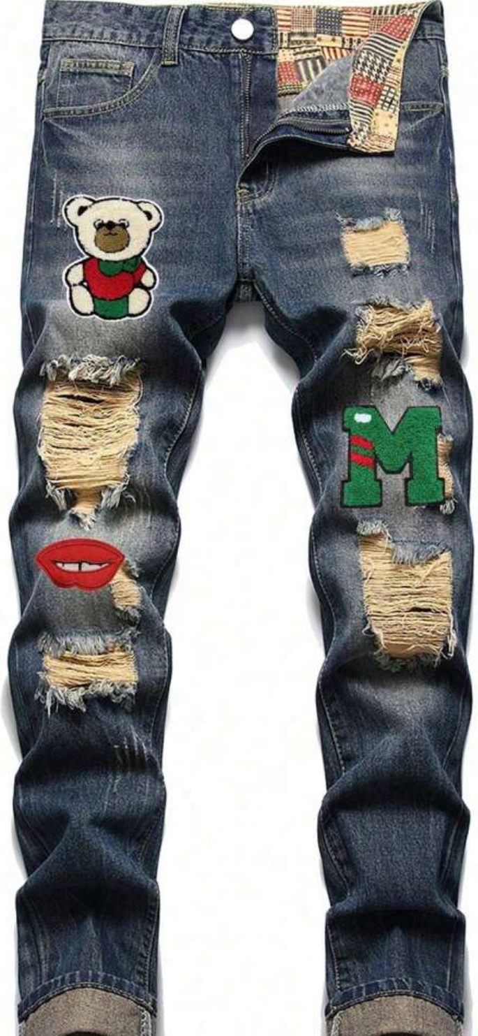 Bear Letter Ripped Denim Jeans